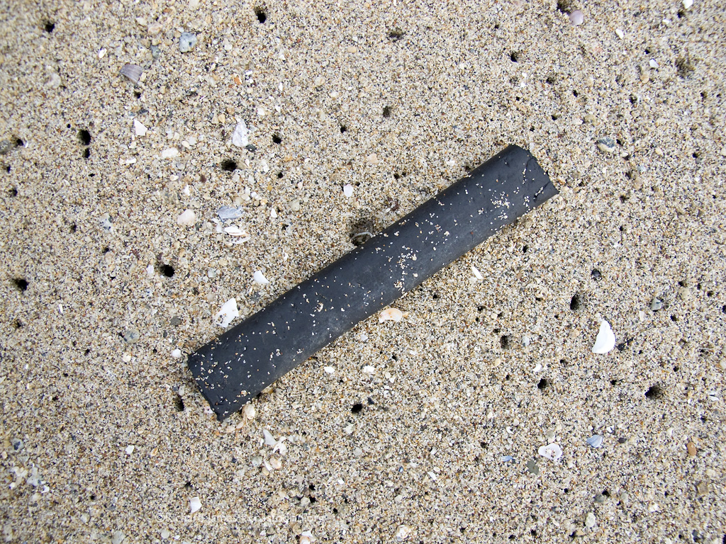 Yet another black plastic oyster tube spacer from the Drake Bay Oyster Company. I found 6 this day. I wonder how may were found by pelagic birds and picked up as food?