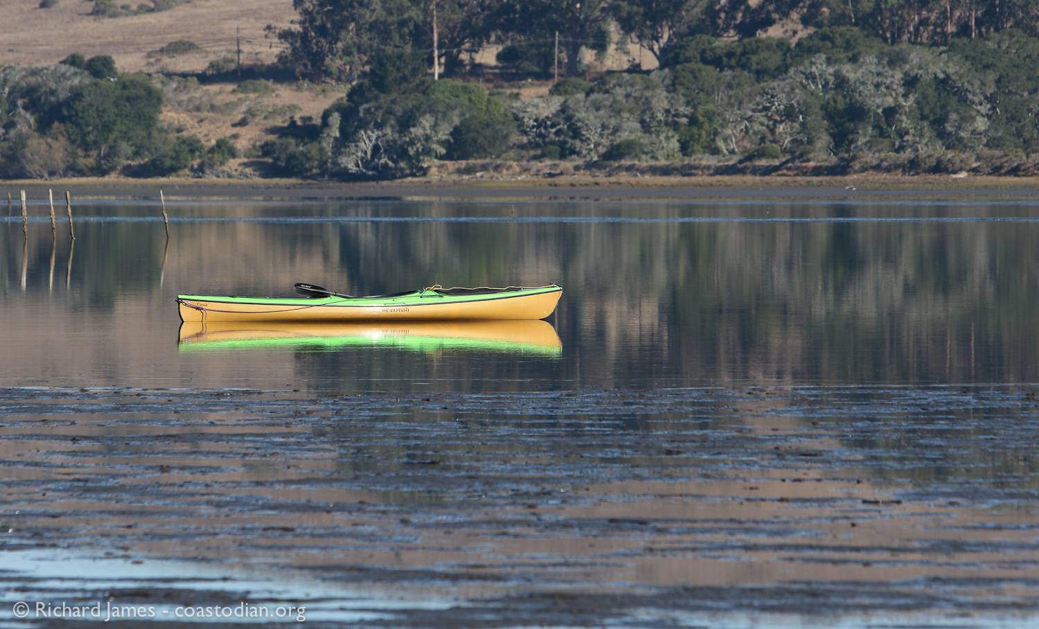 Salvage kayak "Deep Respect" drifts on a flood tide in southern Tomales Bay